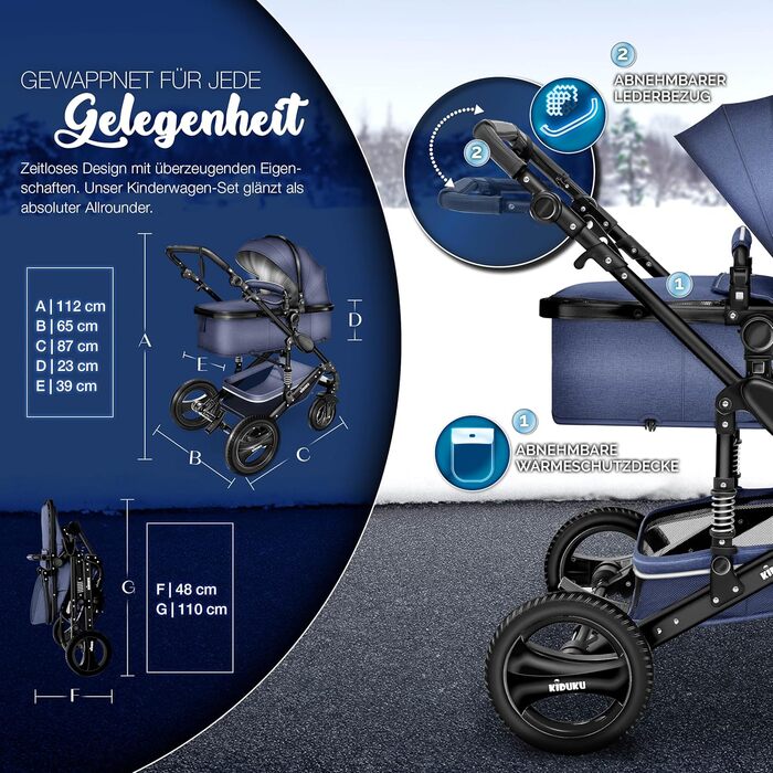 Дитяча коляска KIDUKU® 3 в 1 XXL Комплект | Комбінована коляска з люлькою, прогулянковим блоком та автокріслом | З підставкою для ніг, пеленальною сумкою, підстаканником, захистом від дощу, шинами з повним покриттям, відповідає стандарту ECE R129 (Синій /