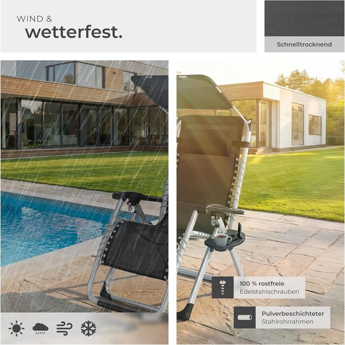 Шезлонг Tectake® розкладний з сонцезахисним дахом, для балкону та саду, місткість до 200 кг, сірий (1 шт.)