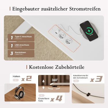 Регульований по висоті письмовий стіл Klicelor з LED-підсвіткою та розетками, 160x80 см, білий — геймерський стіл для офісу з підставкою під монітор та стільницею з 3 частин