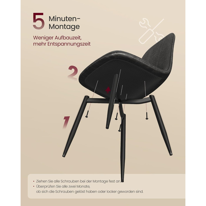 Набір з 2-х обідніх стільців VASAGLE, сірий, з м'яким сидінням, металеві ніжки, регульовані, з тканини Chenille, PU з малюнком, легкий у догляді