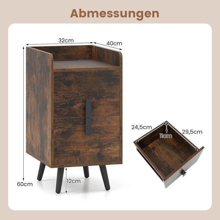 Нічний столик COSTWAY з зарядкою, вузький, 2 шухляди, металеві ніжки, для спальні/вітальні, 40 x 32 x 60 см, рустикальний коричневий