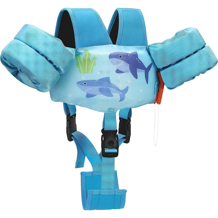 Дитячі плавальні крила MoKo, мультяшний рятувальний жилет з плечовим ременем, тренувальна куртка для плавання, плавальний купальник, аксесуари для плавання з подвійною пряжкою для хлопчиків і дівчаток (для дітей 13-33 фунтів, блакитна акула)