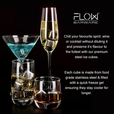 Набір каменів для віскі FLOW Barware Gold металеві кубики льоду з щипцями та мішечком, запобігає розведенню напоїв