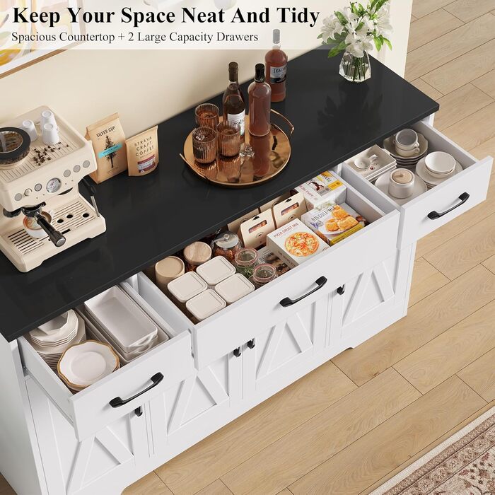 Сервант HOCSOK 140 см: кухонний буфет з 3 висувними ящиками, 4 дверцятами та 2 регульованими полицями, білий та коричневий