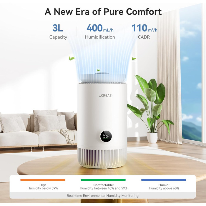 Повітряочисник та зволожувач повітря 2 в 1 – зволожувач-випарник + HEPA-повітряочисник для спальні, резервуар 3 л з верхнім заповненням, надзвичайно тихий 23 дБ, без туману та пилу