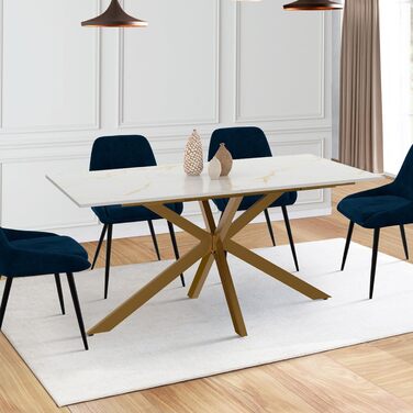 Розсувний обідній стіл Alix з мармуровим ефектом, 160-200 см, для 6-10 осіб, з ніжками-павуком, Металевий, Золотистий