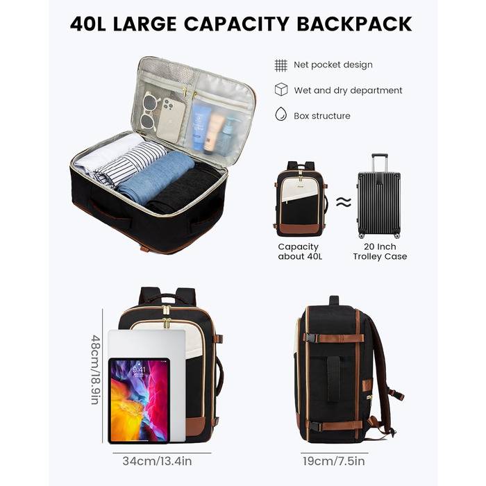 Рюкзак LOVEVOOK для ручної поклажі літака, жіночий водонепроникний рюкзак для подорожей з відділенням для взуття, 17-дюймовий рюкзак для ноутбука, 40L, 45x36x20, ручна поклажа, чорний + бежевий + каштановий