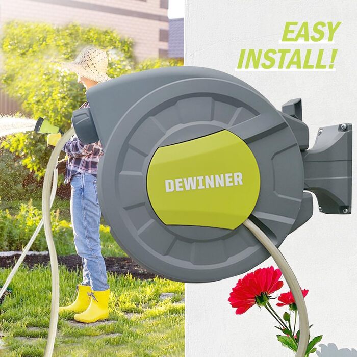 DEWINNER Тромбель для садового шланга 20+2 м, автоматичний, настінний, з ручною пістолетом, 7 функцій, для великих садів