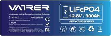 Літієва батарея VATRER POWER 12V 100AH LiFePO4 з Bluetooth, 100A BMS, 5000 циклів, 1280 Вт, захист від низької температури