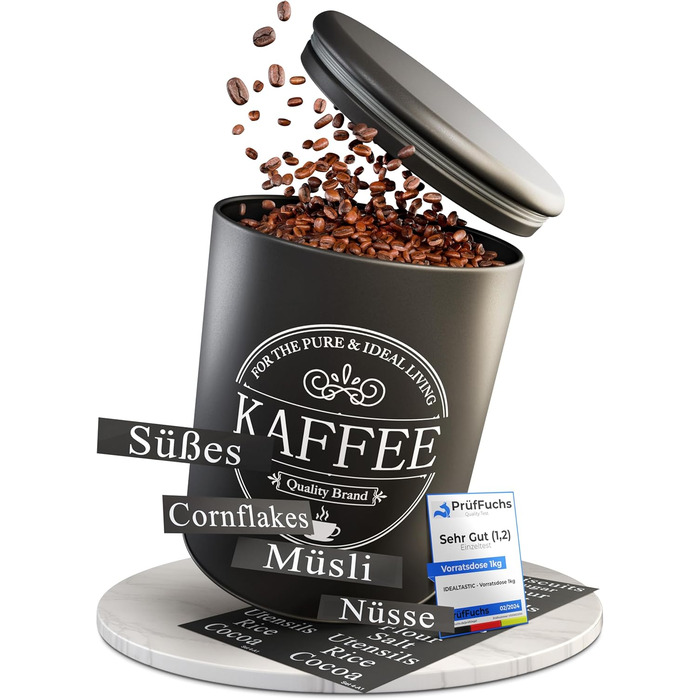 Набір контейнерів для зберігання продуктів IDEALTASTIC® Premium: кава, цукор, борошно (3 шт x 500г) - герметичні, чорні, матові