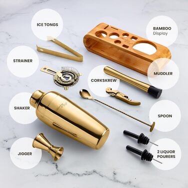 Набір для коктейлів та міксології Edles (10 предметів) - шейкер з нержавіючої сталі, баргарні аксесуари в дерев'яній підставці з бамбука - подарунковий набір, золотий/натуральний бамбук