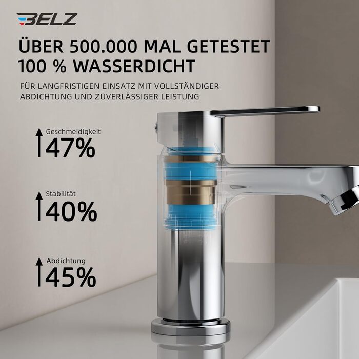 Змішувач для ванної кімнати BELZ, одноручний, для умивальника, хром, водозберігаючий, енергозберігаючий, висота виливу 78 мм