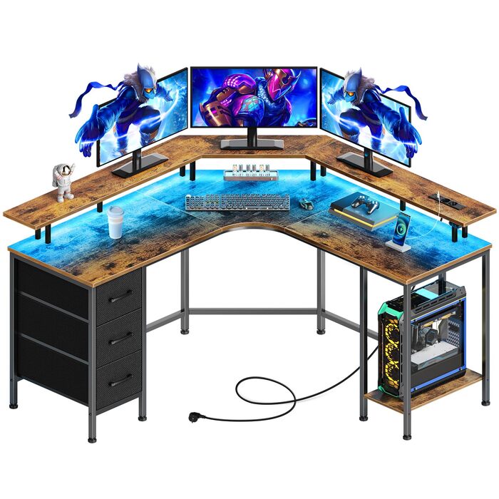 Ігровий кутовий стіл Seventable L-подібної форми з LED підсвіткою та розетками, 3 висувні ящики, стіл для дому та геймінгу, 135x135x88 см (Вінтажний коричневий)