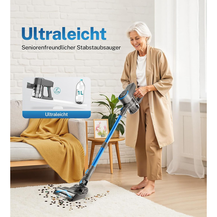 Бездротовий акумуляторний пилосос для дому, 25000Pa, 175W, 50 хвилин роботи, антизаплутана щітка, самостійна парковка, легкий, для килимів, твердих поверхонь, шерсті тварин (блакитний)