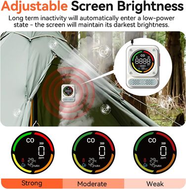Портативний детектор чадного газу 3-в-1 з перезаряджаємою батареєю, сенсор на 10 років, 200 годин роботи для подорожей, кемпінгу, намету, автодому, дому, кухні