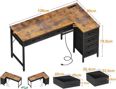 Комп'ютерний стіл Coleshome L-подібний з 6 шухлядами, білий, 126x80 см, з розеткою та гачками