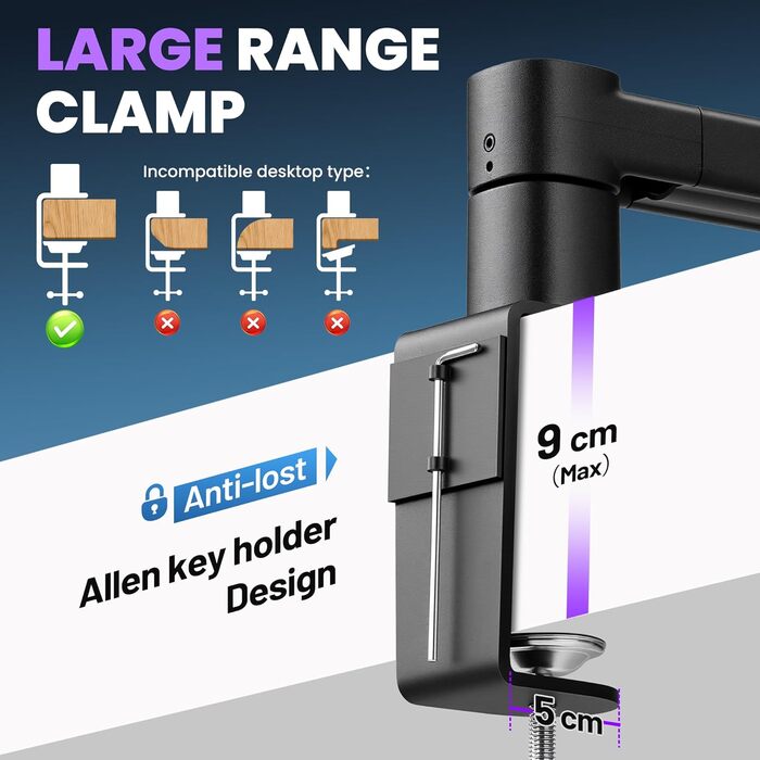 CAHAYA Мікрофонний стійкий кронштейн Boom Arm Professional: Регульований мікрофонний кронштейн з подовжувачем, дизайн під монітор для стрімінгу та запису, вантажопідйомність до 2.5 кг