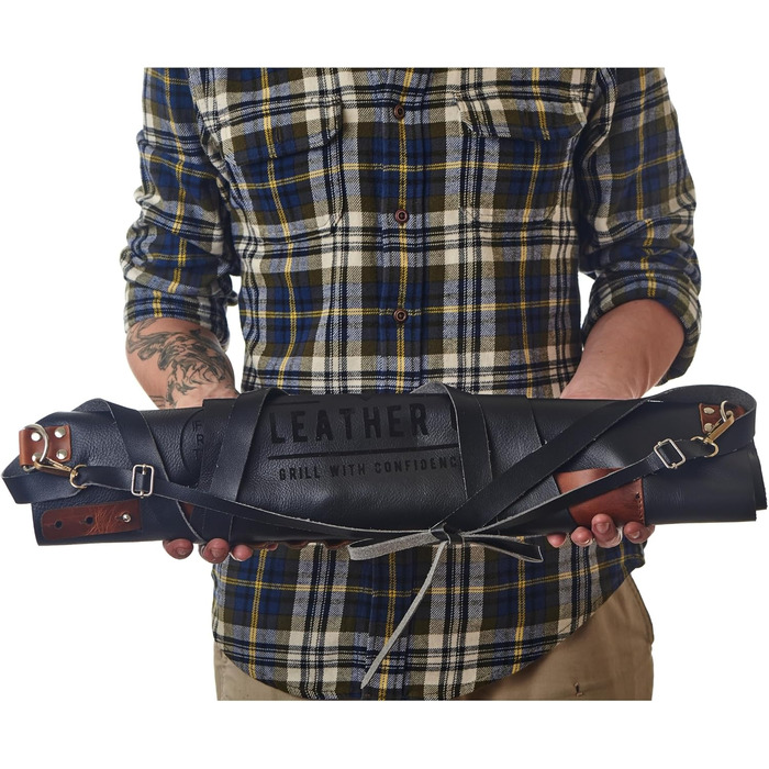 Чорний шкіряний фартух для гриля з тримачем для пива, BBQ фартух для майстра гриля - міцний, з кишенями, регульовані бретельки
