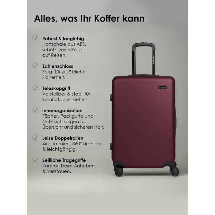 Набір валіз Smartbox Hartschalen 3 шт. для жінок та чоловіків | Легкі та міцні валізи з ABS-пластику | 4 колеса, кодовий замок (Edition 05) (Бургунді, валіза M (66 см))