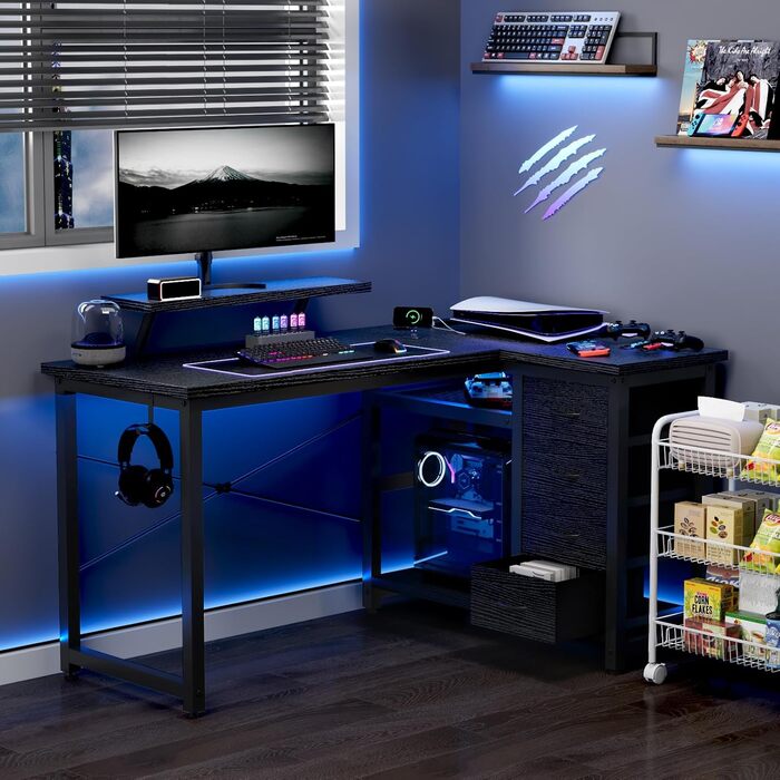 Кутовий стіл Devoko з 4 ящиками з тканини, 2 розетками та 2 USB-портами, для дому та офісу, ігор, білий, 140x80 см