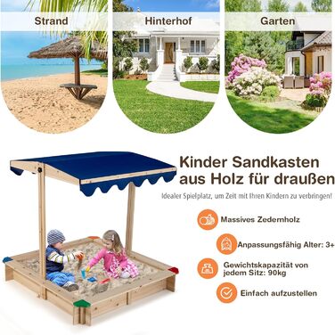 Дерев'яна пісочниця DREAMADE 121x121x120 см з регульованим дахом, для дитячого майданчика в саду, вдома, на пляжі