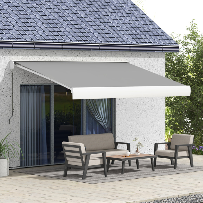 Електричний тент Outsunny Folding Arm 4 м з ручним рукояткою та дистанційним керуванням, балконний тент для захисту від сонця настінний монтаж Alu Light Grey