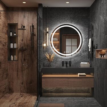 Дзеркало для ванної кімнати з підсвічуванням, 60 см, кругле, з антизапарюючим покриттям, диммер, 3 кольори світла, 60x60 см