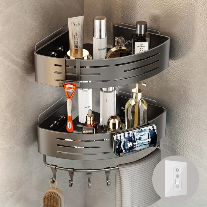 Поличка для душу Voldra без свердління, кутова поличка для ванної кімнати з присосками, металева поличка для душу з тримачем для рушників (2 шт., сіра)