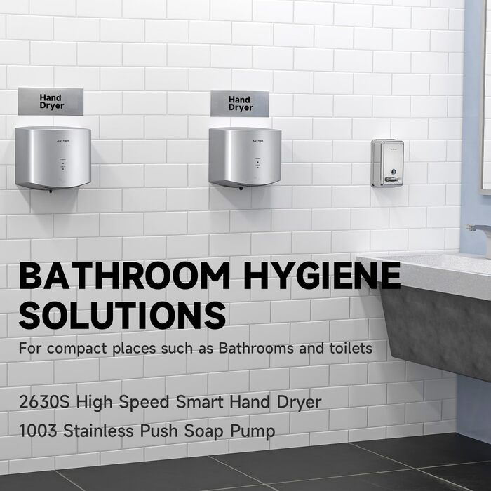 Anydry 2630S - Компактний електричний сушар для рук, автоматичний, для стін, комерційного та приватного використання. Потужність 1400-1650W (Сріблястий)