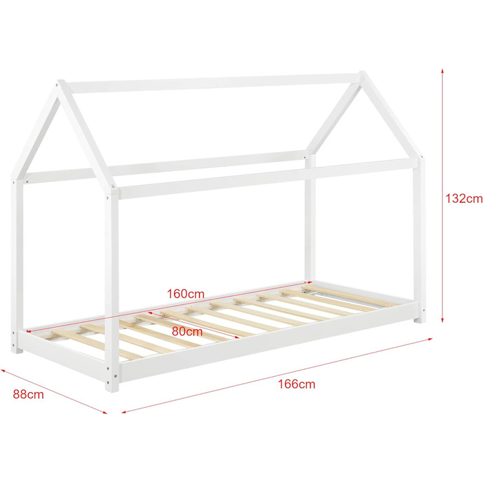 Дитяче ліжко Netstal Дерев'яний будиночок Ліжко для дітей Ліжко для дитячої кімнати Ліжко для дитячої кімнати Соснове дерево (біле, 80x160см)