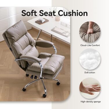 Офісний крісло EMIAH з підставкою для ніг, ергономічний крісло для офісу та дому, комп'ютерне крісло з PU шкіри, з підлокітниками та роликами (Хакі)