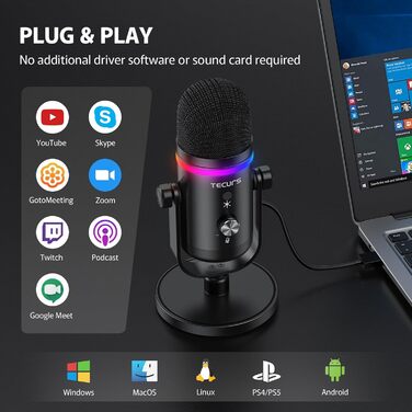 TECURS Мікрофон USB для ігор з RGB підсвічуванням, шумозаглушенням та студійним звуком – для стрімінгу, подкастів, PC, Mac, PS4, консолі, чорний