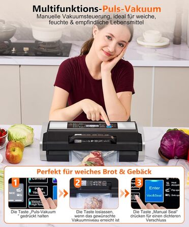 Вакууматор MZROT для продуктів харчування, -95кПа, 230Вт, з подвійним швом, 10 режимів (сухий/вологий), вбудованим різаком, чорно-сріблястий (в комплекті рулон та 15 пакетів)