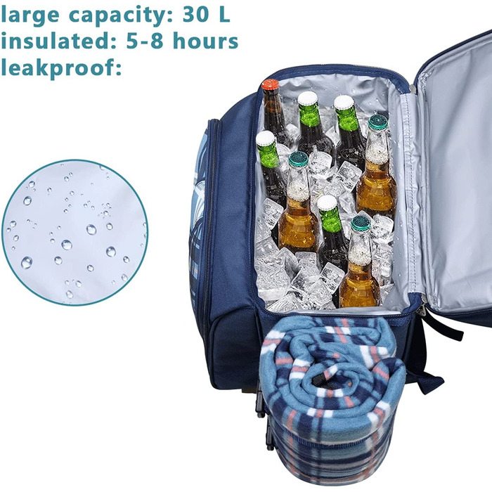 Набір для пікніка Hap Tim на 2 особи з ізольованим холодильником, тримачем для вина, флісовою ковдрою та столовим прибором (EU-36083-BL), світло-блакитний