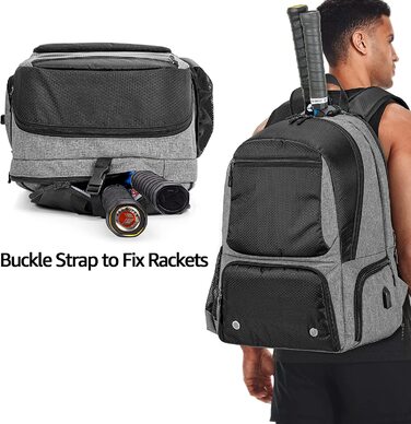 Тенісний рюкзак DSLEAF, Тенісна сумка на 2 ракетки з м'якими плечовими ременями і окреме вентильоване відділення для взуття для чоловіків і жінок сірого кольору