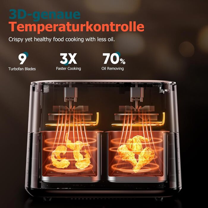 Фритюрниця повітряна з 2 камерами та скляним вікном, 9л, 9-в-1, сенсорний дисплей, кошики, що миються, антипригарне покриття, здорова фритюрниця без олії