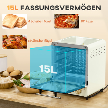 Міні-піч HOMCOM на 15 л з конвекцією, 1000 Вт, 60-230°C, таймер на 1 год, піч для піци з декою та піддоном для крихт, кремово-білий колір