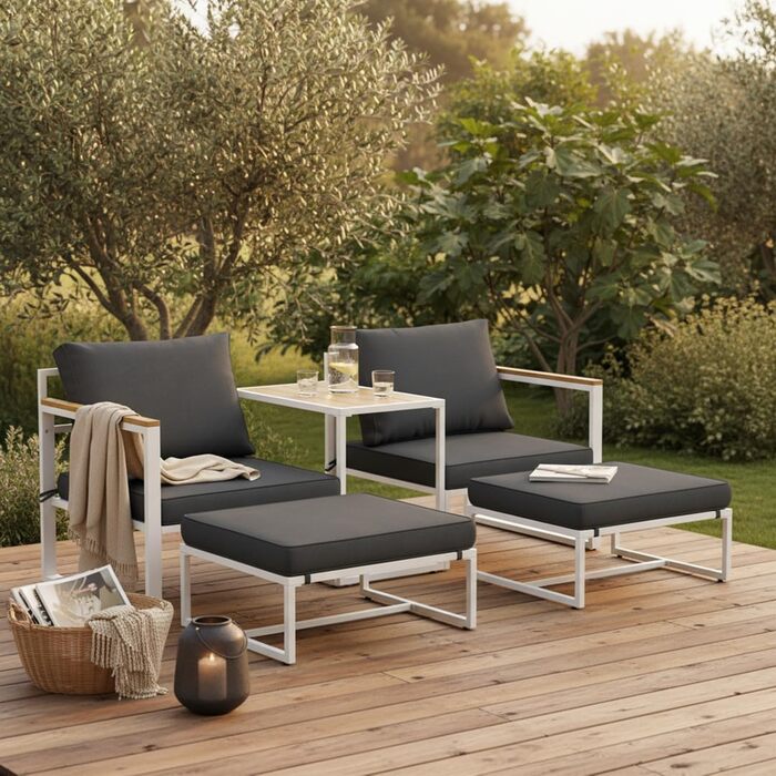 Садовий набір меблів STEELSØN Asteri 5 предметів: 2 крісла, 2 пуфи, стіл - білий, з подушками, для тераси та балкона, металевий каркас, стійкий до погодних умов