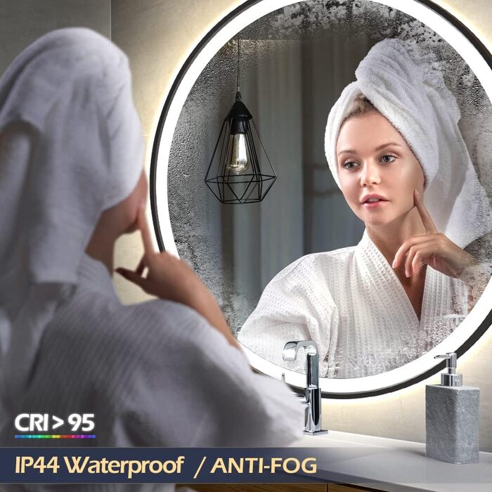 Дзеркало з LED сенсором, кругле, з індукційним датчиком руху, для макіяжу, з підсвічуванням, регульоване освітлення, антизапарник, водонепроникне (IP44), для ванної кімнати, настінне, діаметр 70 см