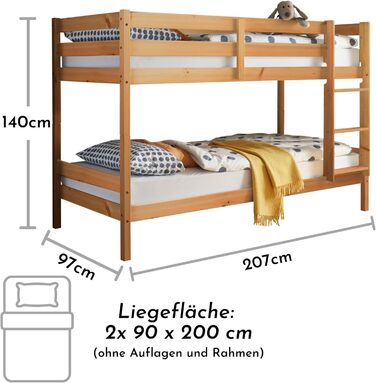 Сучасне ліжко-горище зі сходами та двома лежачими поверхнями 90 x 200 см - Компактне дитяче двоярусне ліжко з масиву сосни, сірого кольору - 97 x 140 x 207 см (W/H/D) (Натуральна сосна)
