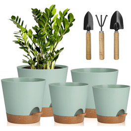 5 горщиків з пластику з системою поливу, 17.8/16.5/15.2/13.9/12.7 см. Самополивні кашпо з підставкою. Круглі горщики для квітів, сукулентів, кактусів. Для дому, балкона, саду. Зелений, коричневий колір.