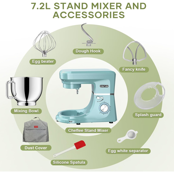 Кухонна машина Cheflee 2000W: потужна планетарна міксер для тіста та збивання, 6 швидкостей, 7.2 л чаша з нержавіючої сталі, гак для тіста та вінчик, захист від бризок (блакитна)