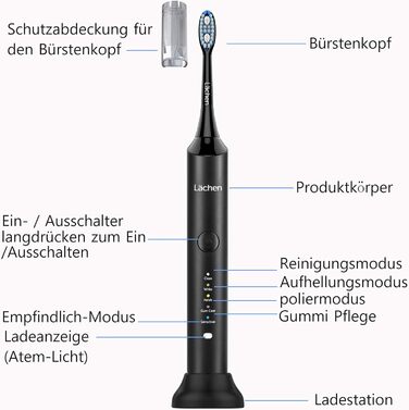Електрична зубна щітка Lächen Schallzahnbürste (подвійний набір), 2 ручки та 2 футляри для подорожей, 5 режимів, 10 насадок (білий & чорний)