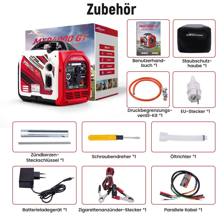 Інверторний генератор maXpeedingrods 2000W: бензиновий, 4-тактний, з USB та 230V, цифровий дисплей, для кемпінгу та подорожей, з App-керуванням (MXR4000GT)