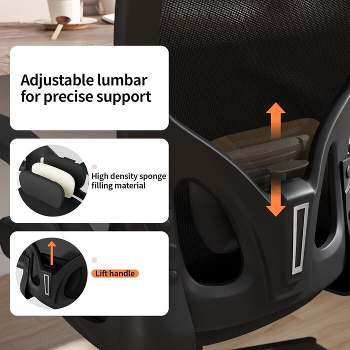 Офісний крісло Monhey з регулюванням висоти, поворотне, з відкидними підлокітниками, дихаюча сітка, регульована підголовник та інтелектуальна підтримка попереку – для дому та офісу (чорний)