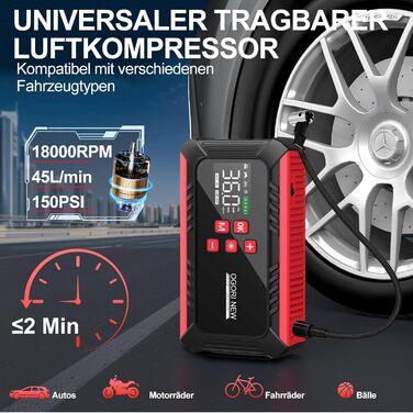 Портативний акумулятор для запуску авто 7000A з компресором 150PSI, 12V, 8L бензин/10L дизель, з прикурювачем та LED ліхтариком