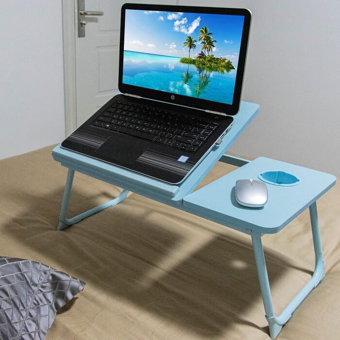 Стіл для ноутбука на ліжко з регульованими ніжками та тримачем для чашки, підставка для читання, стіл для сніданку на диван, ліжко, терасу, балкон (Білий, Синій)