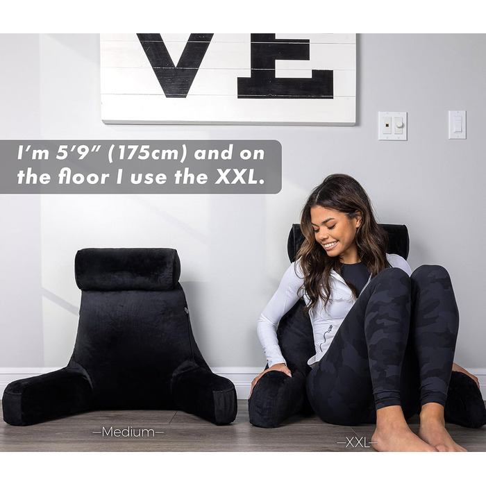 Подушка для чоловіків - сіра, велика, з підлокітниками для читання та відпочинку в ліжку - висока спинка з преміум-піною Memory, знімний валик для шиї на Bungee - середній розмір, оригінальна версія, чорний колір