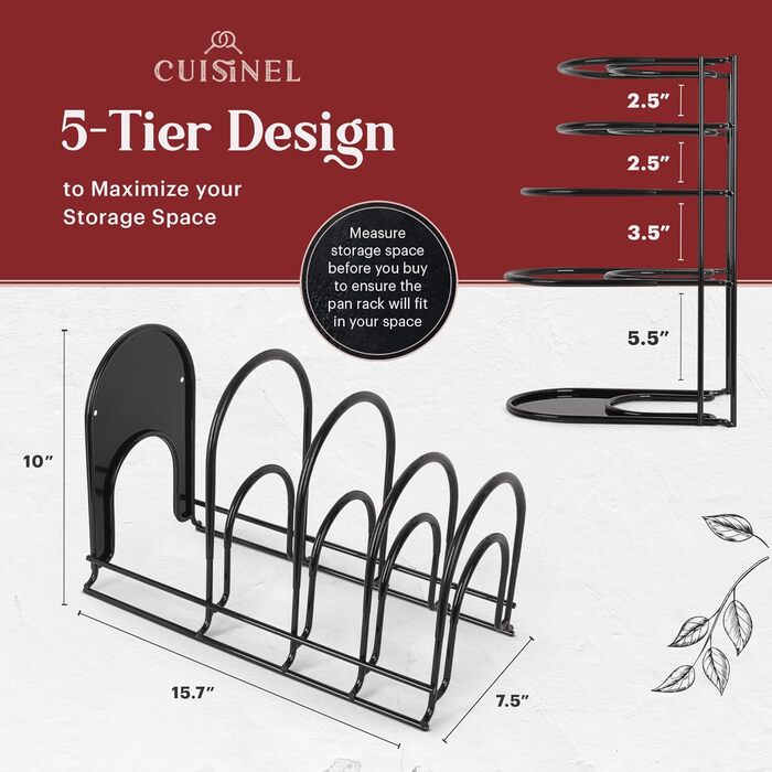 Органайзер для сковорідок Cuisinel для сковорідок і каструль, 50 фунтів, 12.2 дюйма, чорний силікон, горизонтальний/вертикальний