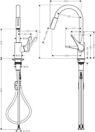 Змішувач для кухні hansgrohe Cento XL одноважільний з висувною душовою лійкою та поворотним виливом, хромований